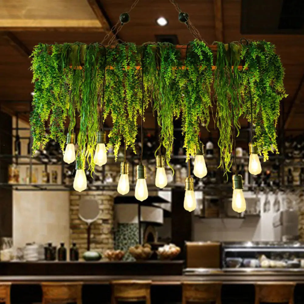 DecorBites™ Rustic Iron Hanging Pendant Light Fixture for Restaurants - Rectangular Design with Island Charm and Decorative Fake Plant