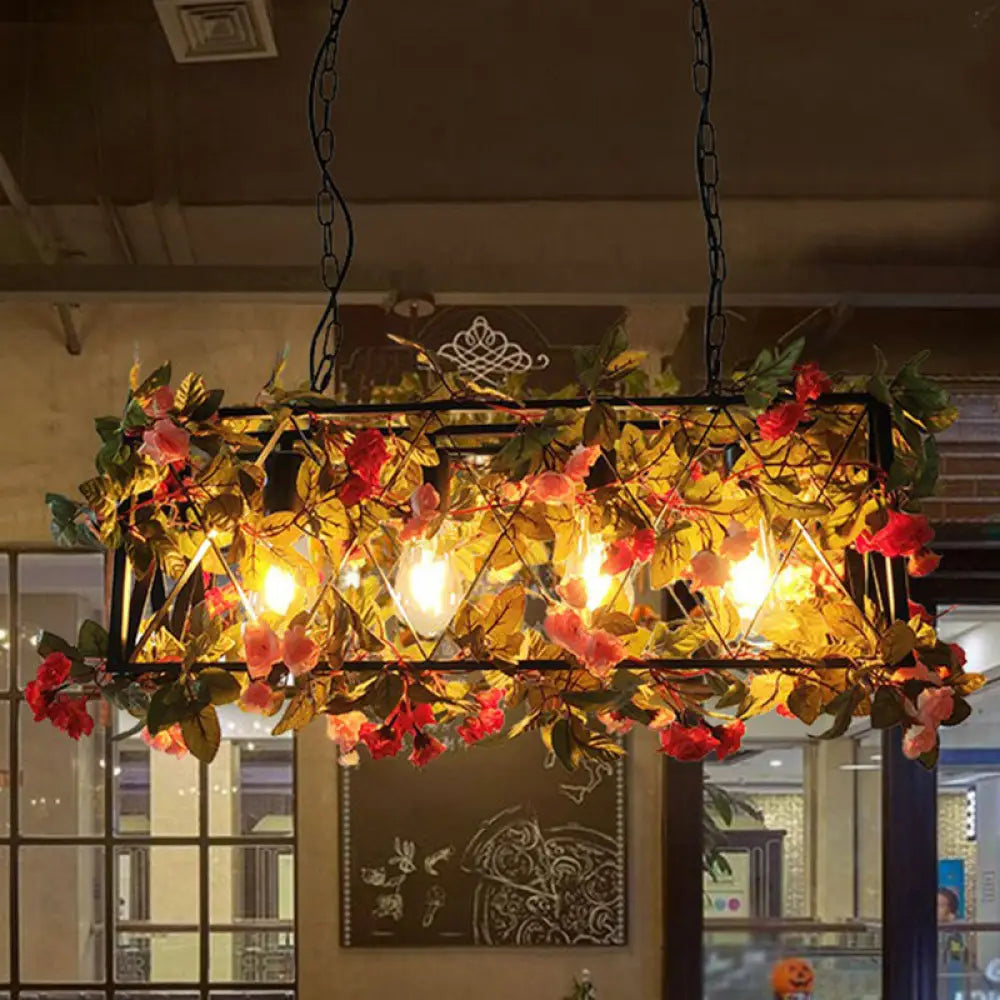 DecorBites™ Rustic Iron Hanging Pendant Light Fixture for Restaurants - Rectangular Design with Island Charm and Decorative Fake Plant