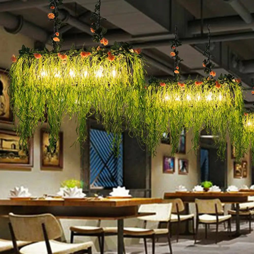 DecorBites™ Rustic Iron Hanging Pendant Light Fixture for Restaurants - Rectangular Design with Island Charm and Decorative Fake Plant