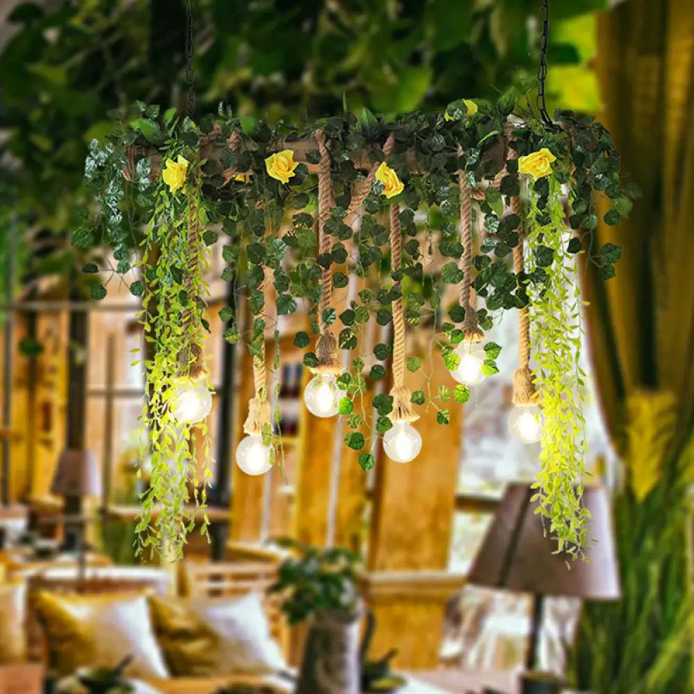DecorBites™ Rustic Iron Hanging Pendant Light Fixture for Restaurants - Rectangular Design with Island Charm and Decorative Fake Plant
