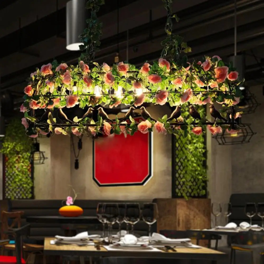 DecorBites™ Rustic Iron Hanging Pendant Light Fixture for Restaurants - Rectangular Design with Island Charm and Decorative Fake Plant