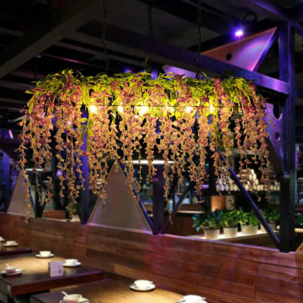 DecorBites™ Rustic Iron Hanging Pendant Light Fixture for Restaurants - Rectangular Design with Island Charm and Decorative Fake Plant