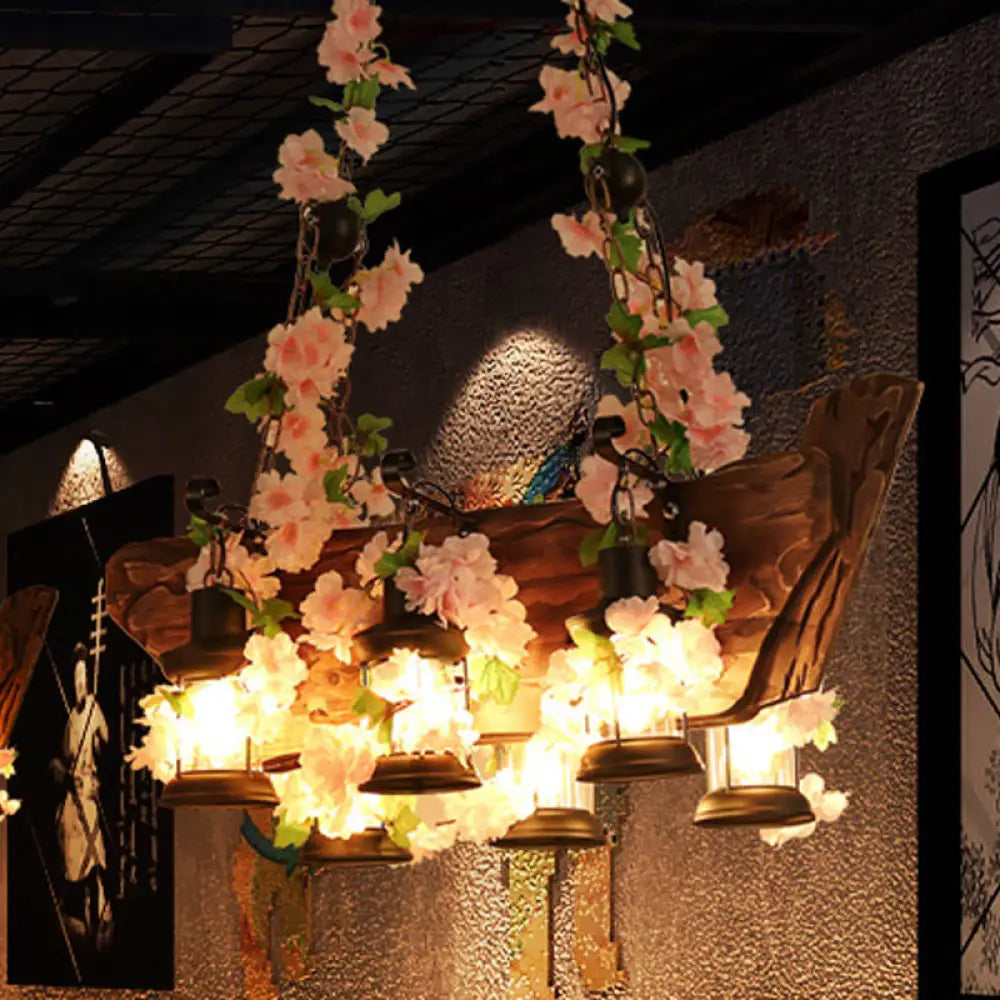 DecorBites™ Rustic Lantern Pendant Light with Flower Decoration - 6 Lights for Restaurant Island Lighting