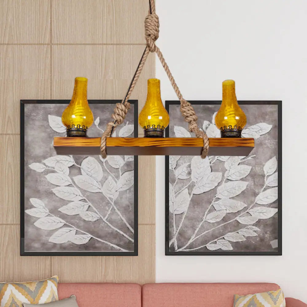 DecorBites™ Rustic Loft Pendant Light with Yellow Cracked Glass Shade - Wooden Linear Island Lamp - 3 Lights for Living Room