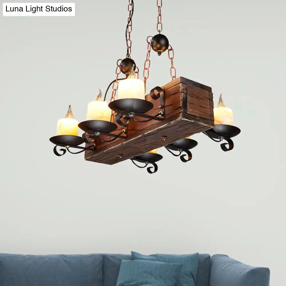 DecorBites™ Rustic Marble Candle Pendant Light with Wood Design - 6/8-Light Island Hanging Lamp in Brown