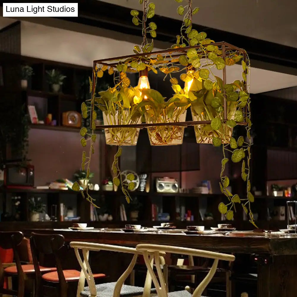 DecorBites™ Rustic Metal Pendant Lamp with Green Leaves Deco - 3 Light, Black – Ideal for Restaurants