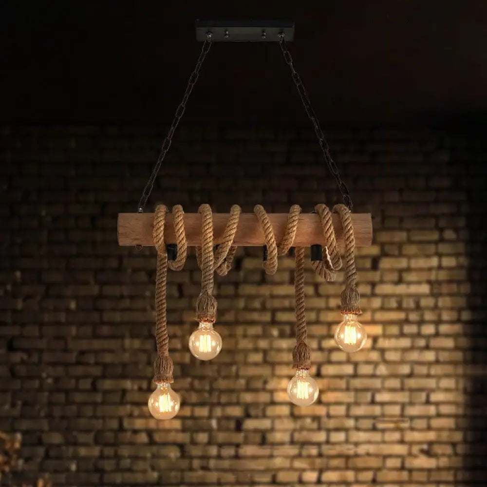 DecorBites™ Rustic Wood and Rope Island Pendant Light Fixture - 4-Head Open Bulb Suspension Lighting