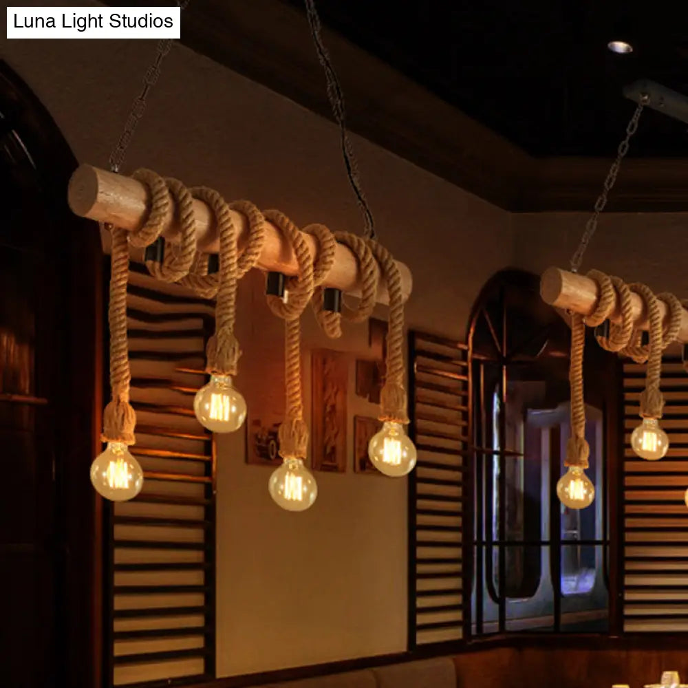 DecorBites™ Rustic Wood and Rope Island Pendant Light Fixture - 4-Head Open Bulb Suspension Lighting