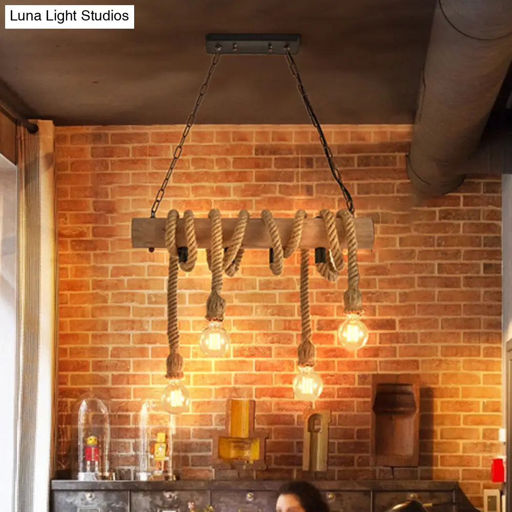 DecorBites™ Rustic Wood and Rope Island Pendant Light Fixture - 4-Head Open Bulb Suspension Lighting