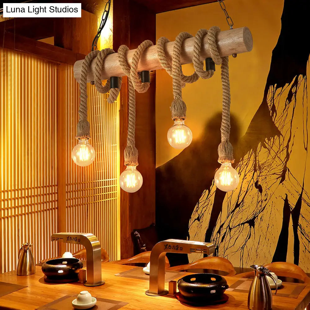 DecorBites™ Rustic Wood and Rope Island Pendant Light Fixture - 4-Head Open Bulb Suspension Lighting