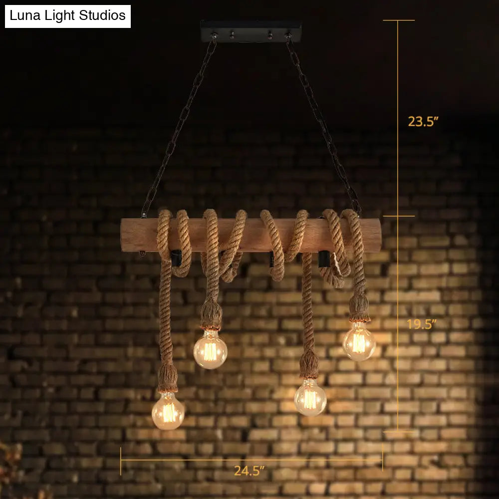 DecorBites™ Rustic Wood and Rope Island Pendant Light Fixture - 4-Head Open Bulb Suspension Lighting