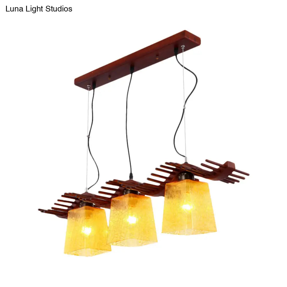 DecorBites™ Rustic Wood Island Lamp with Yellow Crackle Glass Shades for Dining Room - 3 Heads in Brown