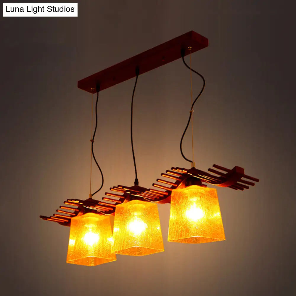 DecorBites™ Rustic Wood Island Lamp with Yellow Crackle Glass Shades for Dining Room - 3 Heads in Brown