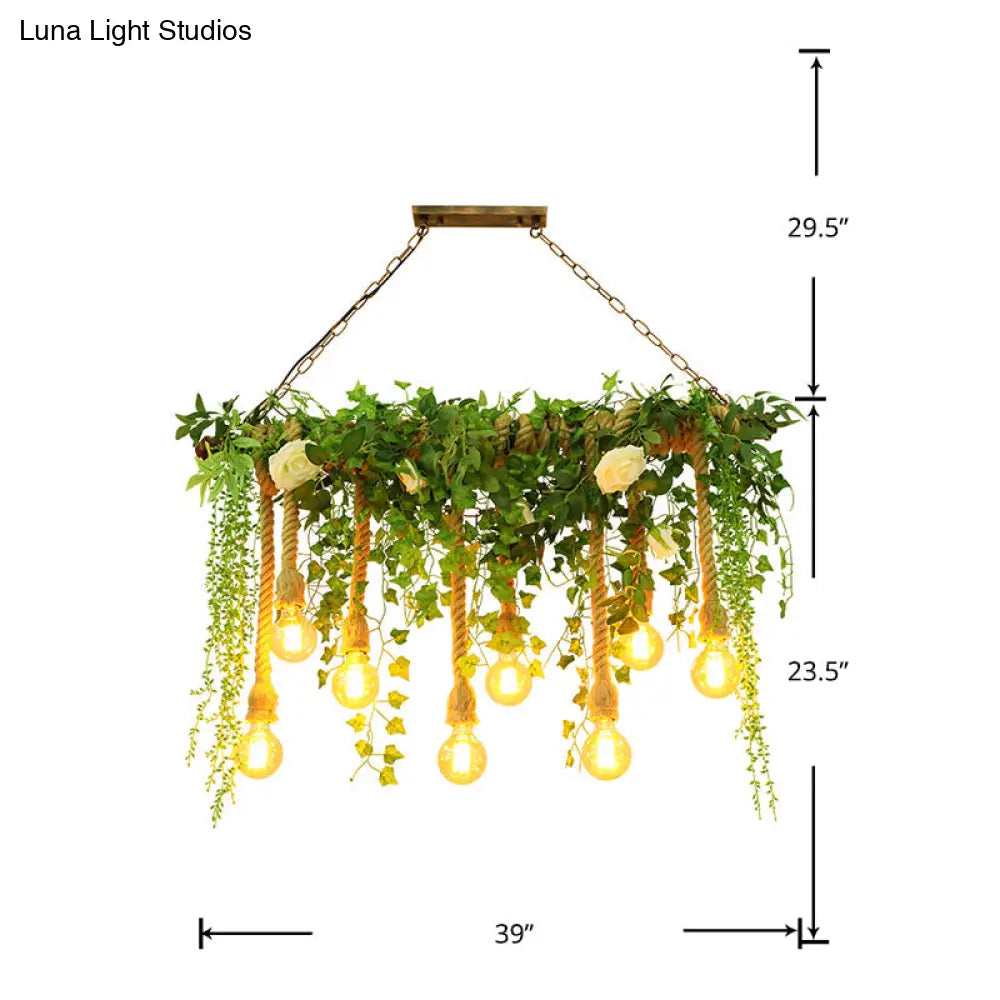 DecorBites™ Rustic Wooden Linear Suspension Lamp: Green Island Light Fixture with Decorative Vines and Rose Accents