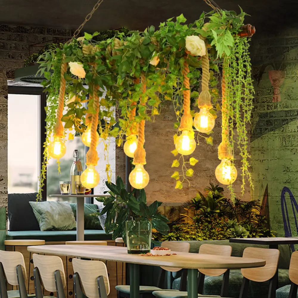 DecorBites™ Rustic Wooden Linear Suspension Lamp: Green Island Light Fixture with Decorative Vines and Rose Accents