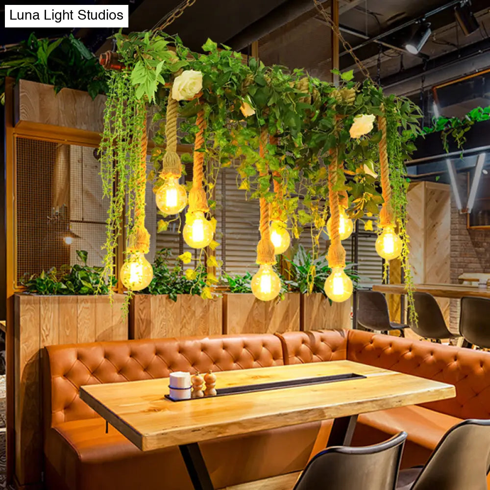 DecorBites™ Rustic Wooden Linear Suspension Lamp: Green Island Light Fixture with Decorative Vines and Rose Accents