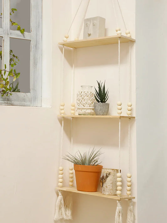 DecorBites™ Rustic Wooden Wall Shelf with Hanging Plant Storage