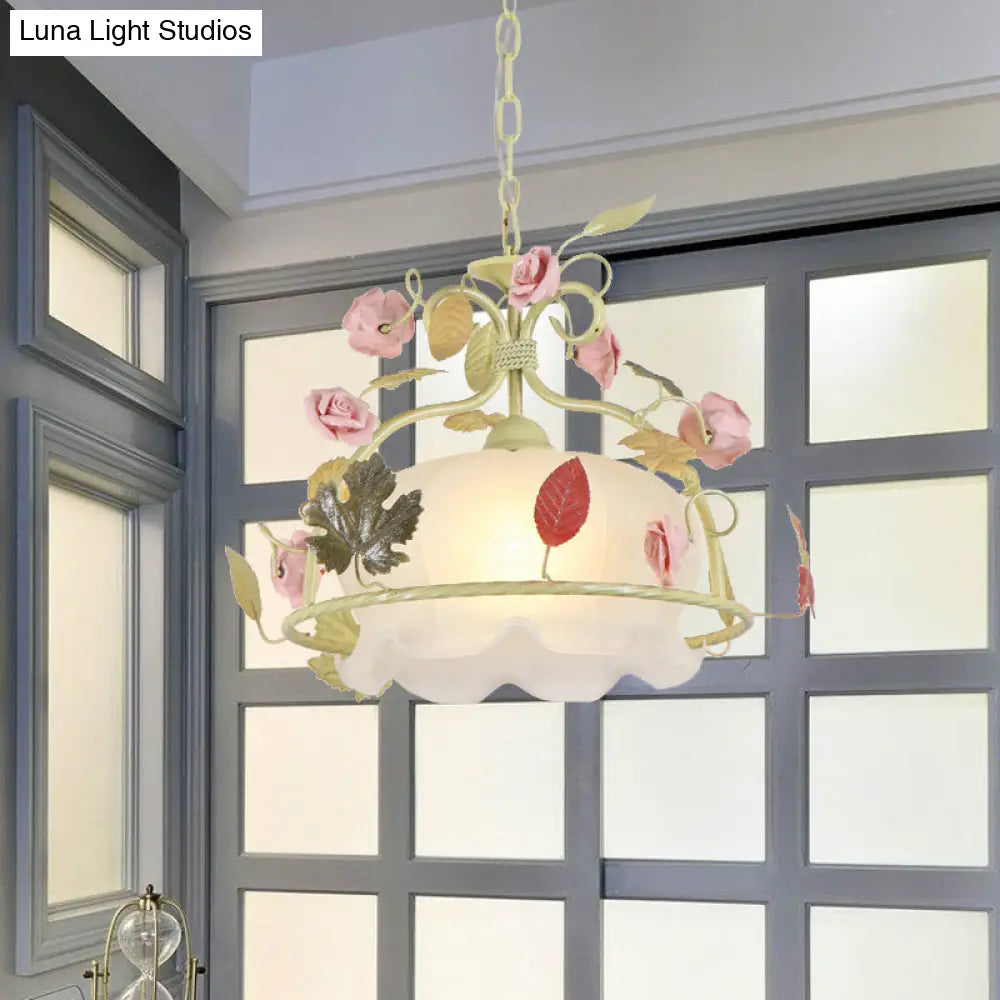 DecorBites™ Scallop Chandelier Light Fixture with Opal Glass LED Drop Pendant - 3 Bulbs, White/Green - Perfect for the Living Room