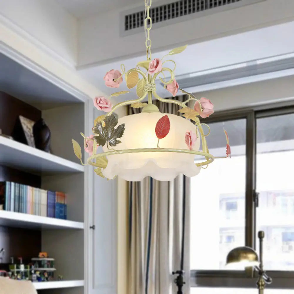 DecorBites™ Scallop Chandelier Light Fixture with Opal Glass LED Drop Pendant - 3 Bulbs, White/Green - Perfect for the Living Room