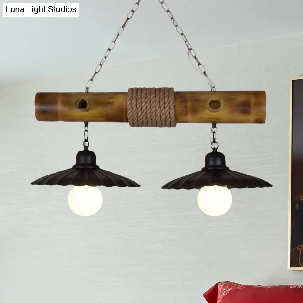 DecorBites™ Scalloped Hanging Lamp: 2 Heads, Countryside Black Rope and Bamboo Island Lighting for Dining Room