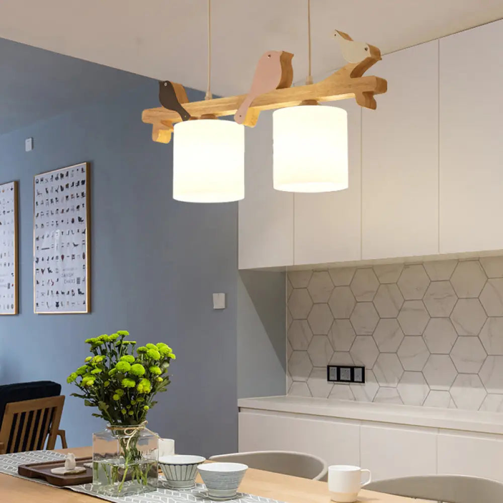 DecorBites™ Simplicity Cream Glass LED Hanging Lamp with Wooden Bird - Dining Room Island Chandelier Light