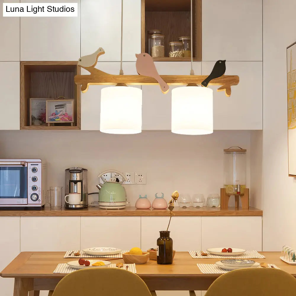 DecorBites™ Simplicity Cream Glass LED Hanging Lamp with Wooden Bird - Dining Room Island Chandelier Light