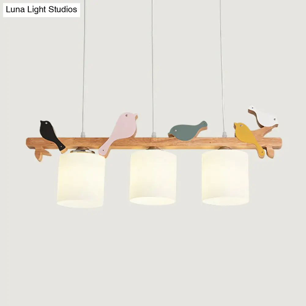 DecorBites™ Simplicity Cream Glass LED Hanging Lamp with Wooden Bird - Dining Room Island Chandelier Light