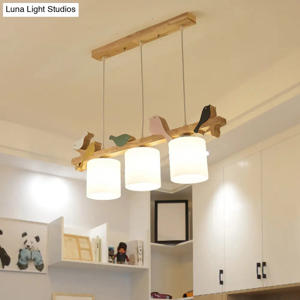 DecorBites™ Simplicity Cream Glass LED Hanging Lamp with Wooden Bird - Dining Room Island Chandelier Light