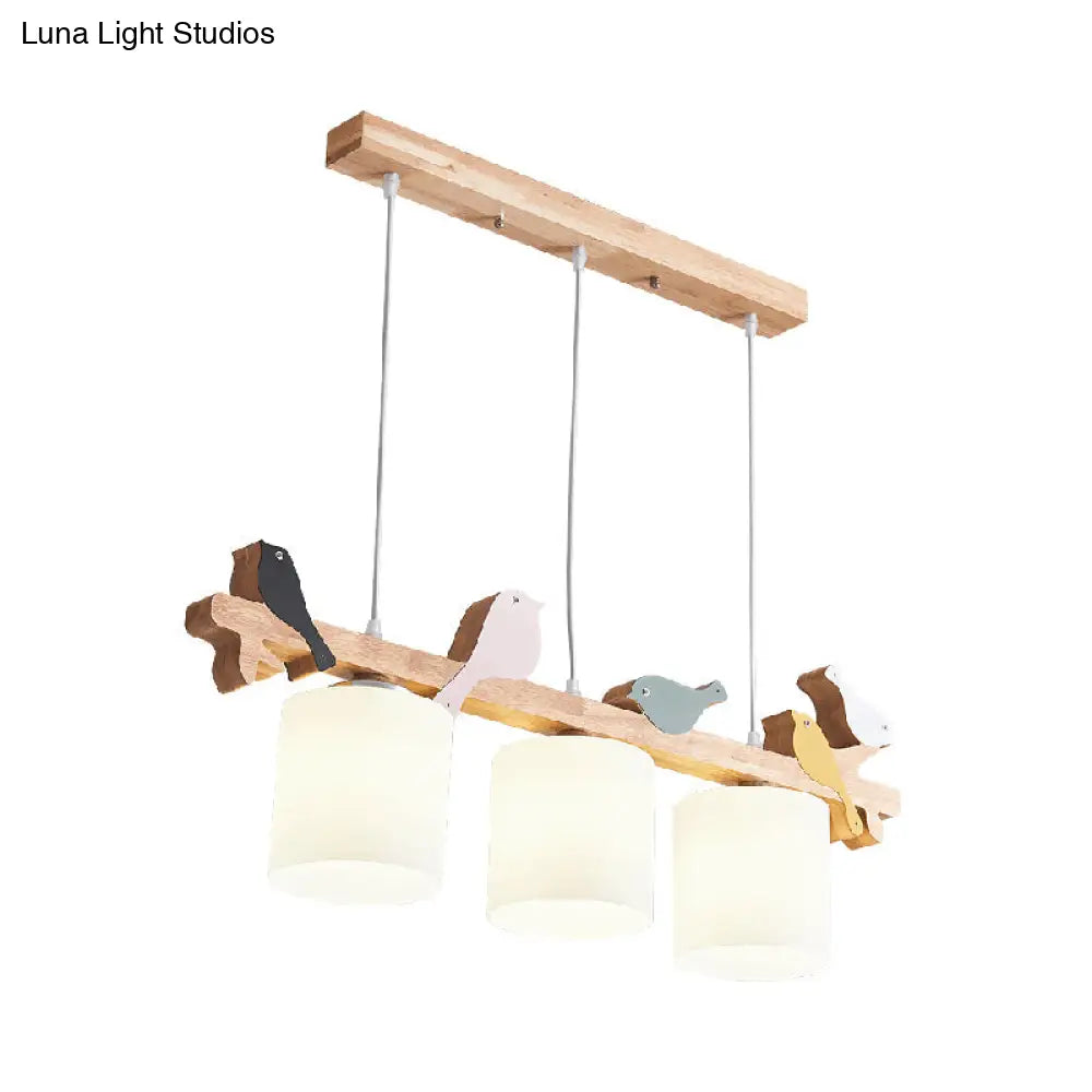 DecorBites™ Simplicity Cream Glass LED Hanging Lamp with Wooden Bird - Dining Room Island Chandelier Light