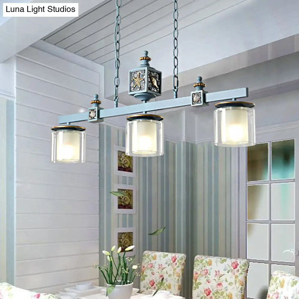 DecorBites™ Sky Blue Dual Cylinder Parlor Island Pendant Lamp with Clear and Frosted Glass - 3 Bulbs