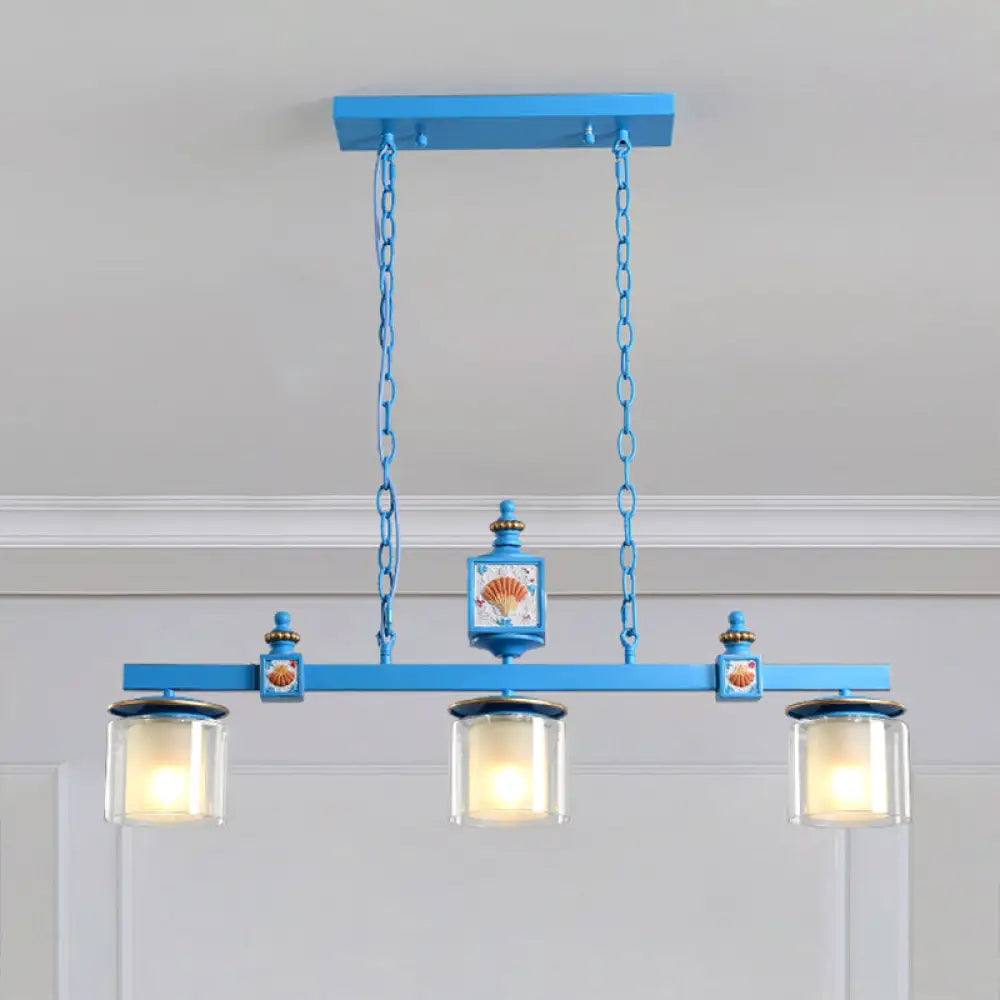DecorBites™ Sky Blue Dual Cylinder Parlor Island Pendant Lamp with Clear and Frosted Glass - 3 Bulbs