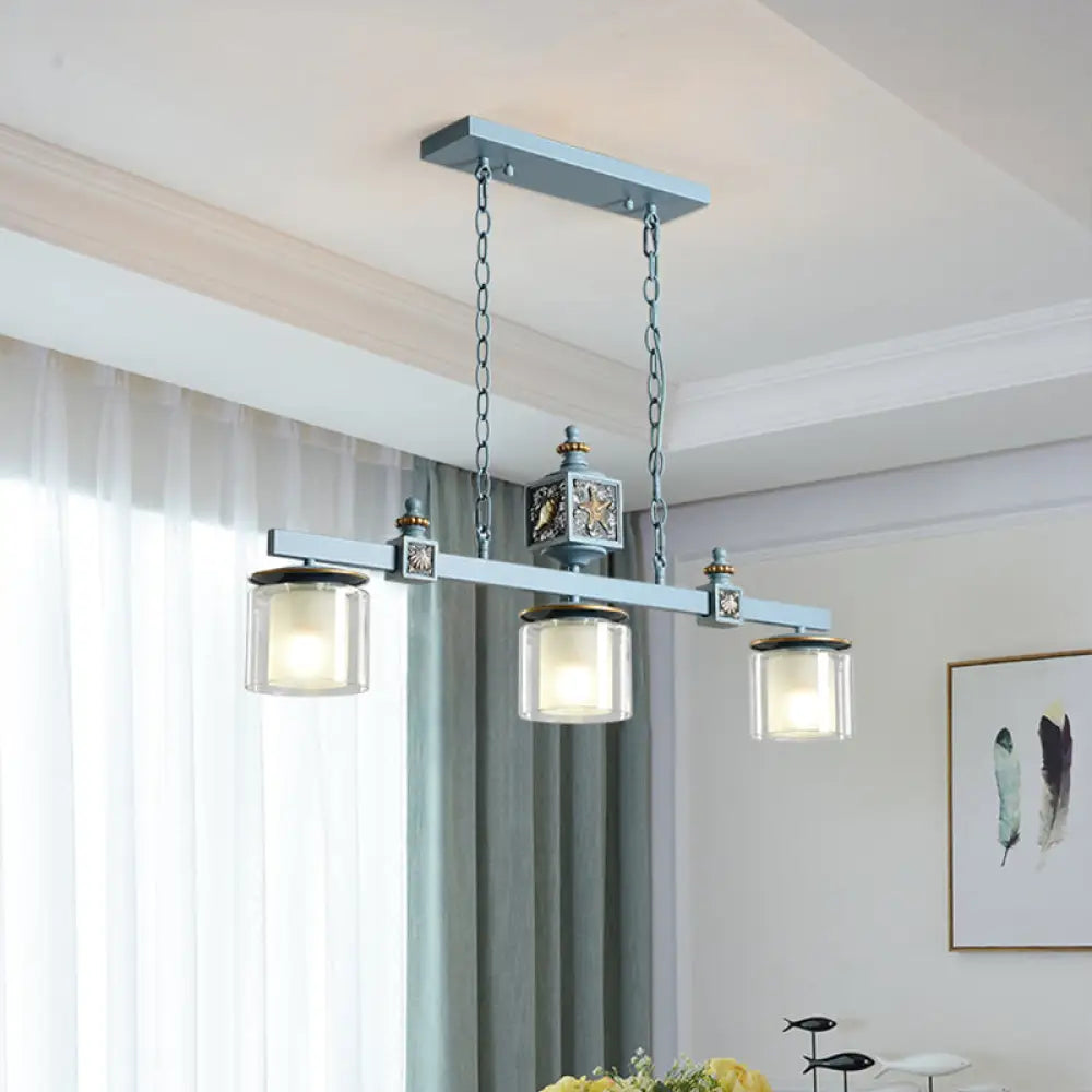 DecorBites™ Sky Blue Dual Cylinder Parlor Island Pendant Lamp with Clear and Frosted Glass - 3 Bulbs
