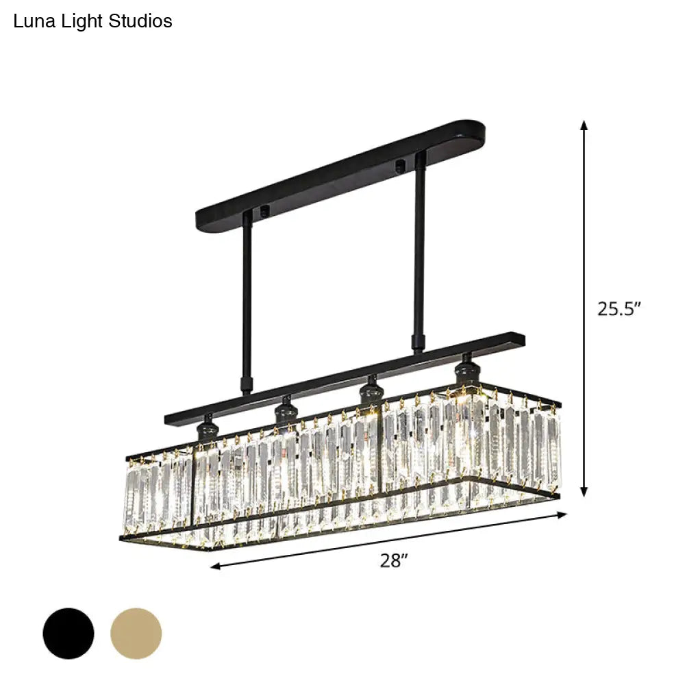 DecorBites™ Sleek 4-Head Island Light: Champagne/Black Rectangle Suspension with Crystal Prisms