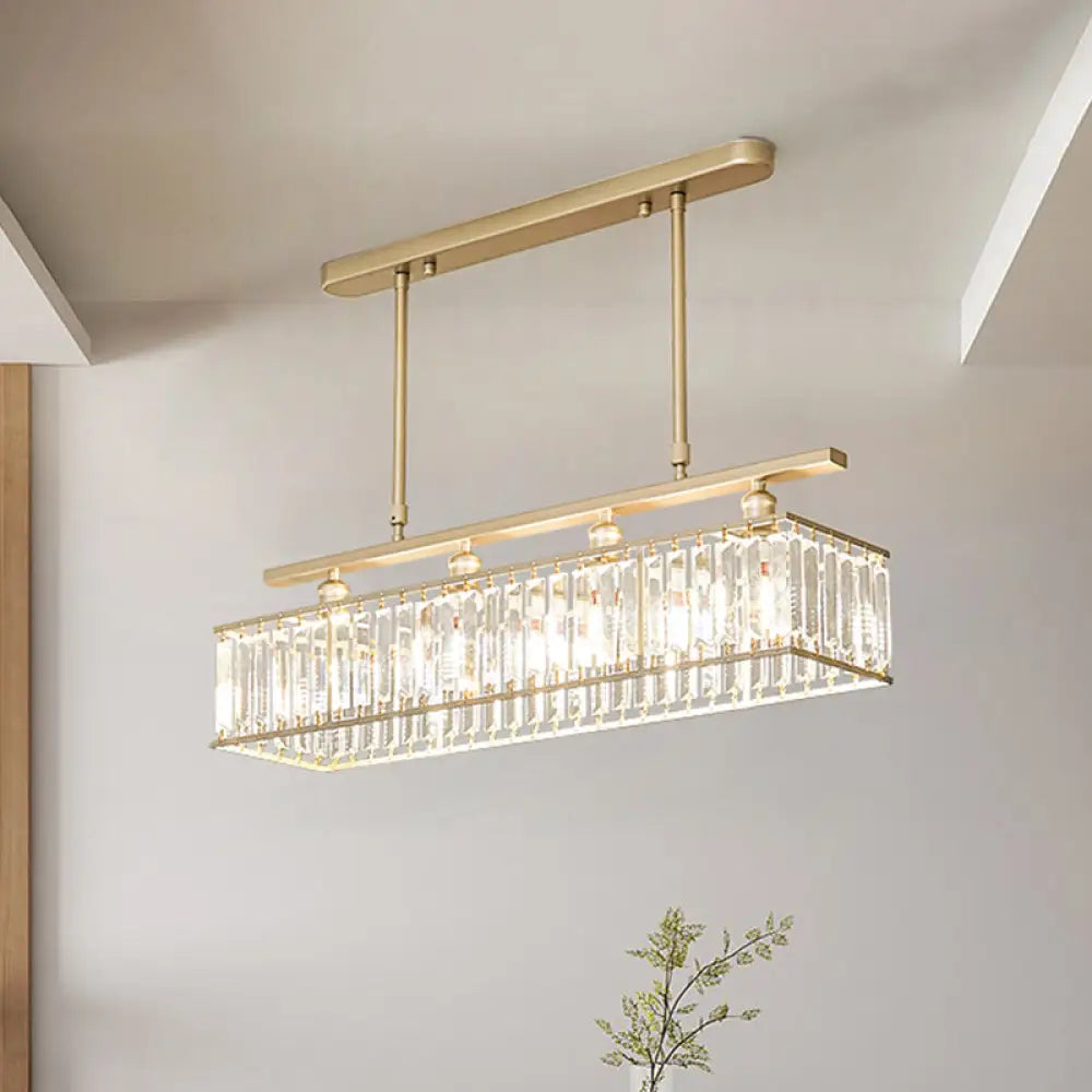 DecorBites™ Sleek 4-Head Island Light: Champagne/Black Rectangle Suspension with Crystal Prisms