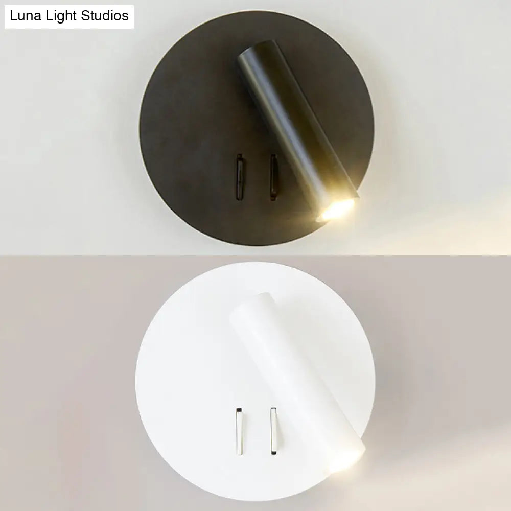 DecorBites™ Sleek Metallic LED Tube Wall Sconce with Round Backplate for Living Room - Black/White, Warm/White Light