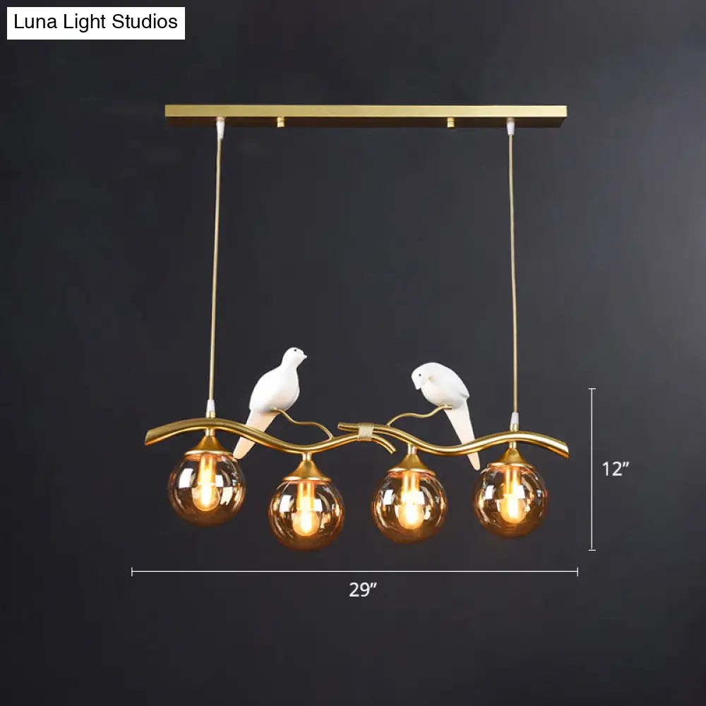 DecorBites™ Sleek Postmodern Glass Pendant Light with Twig and Bird Deco - 4-Bulb Ceiling Hanging Fixture