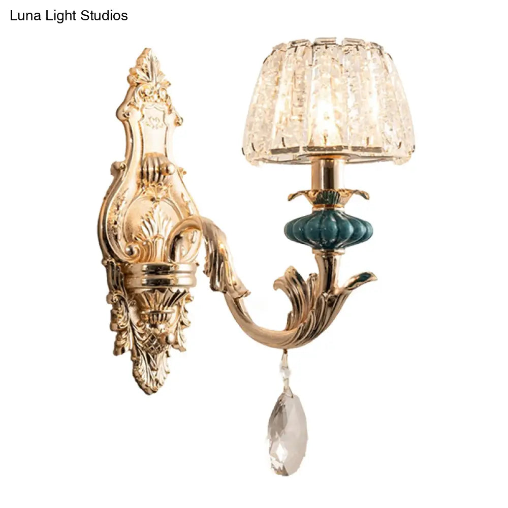 DecorBites™ Small Gold Drum Wall Mount Traditional Seedy Crystal Bedroom Wall Lamp Fixture