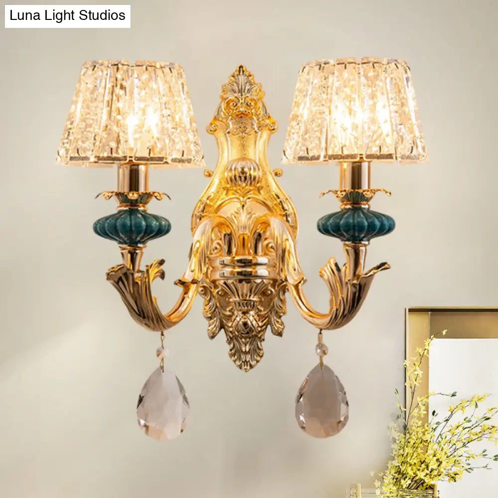 DecorBites™ Small Gold Drum Wall Mount Traditional Seedy Crystal Bedroom Wall Lamp Fixture