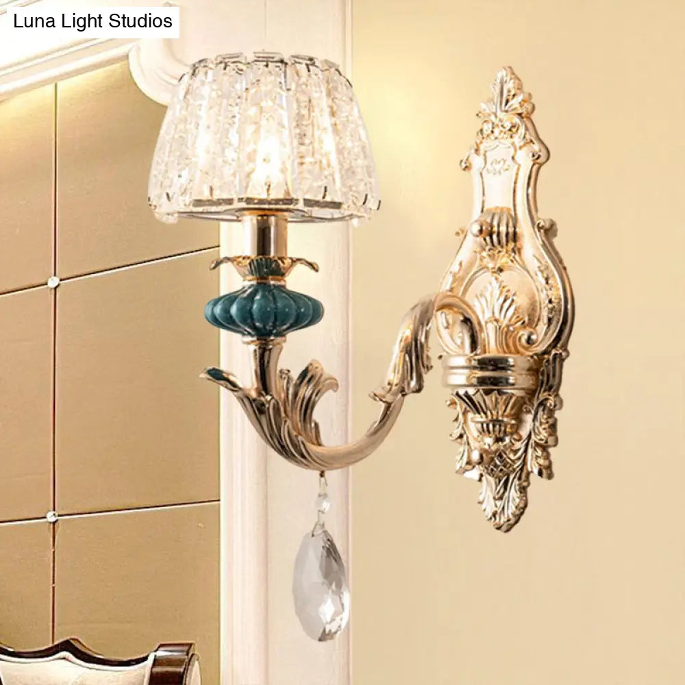DecorBites™ Small Gold Drum Wall Mount Traditional Seedy Crystal Bedroom Wall Lamp Fixture
