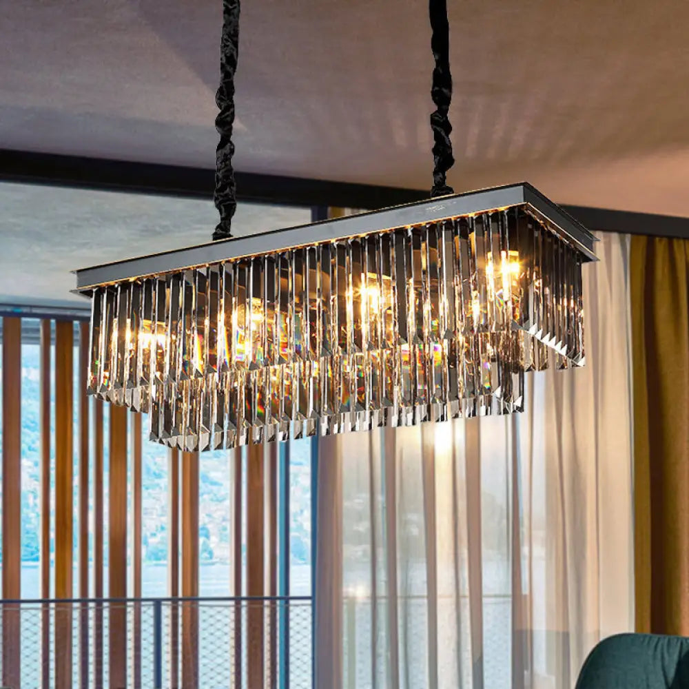 DecorBites™ Smoke Gray Crystal Block Rectangle Chandelier Lamp - Traditional, 8/11 Heads, Matte Black Hanging Light for Dining Room