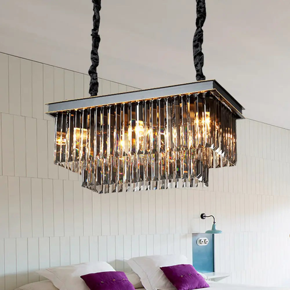 DecorBites™ Smoke Gray Crystal Block Rectangle Chandelier Lamp - Traditional, 8/11 Heads, Matte Black Hanging Light for Dining Room
