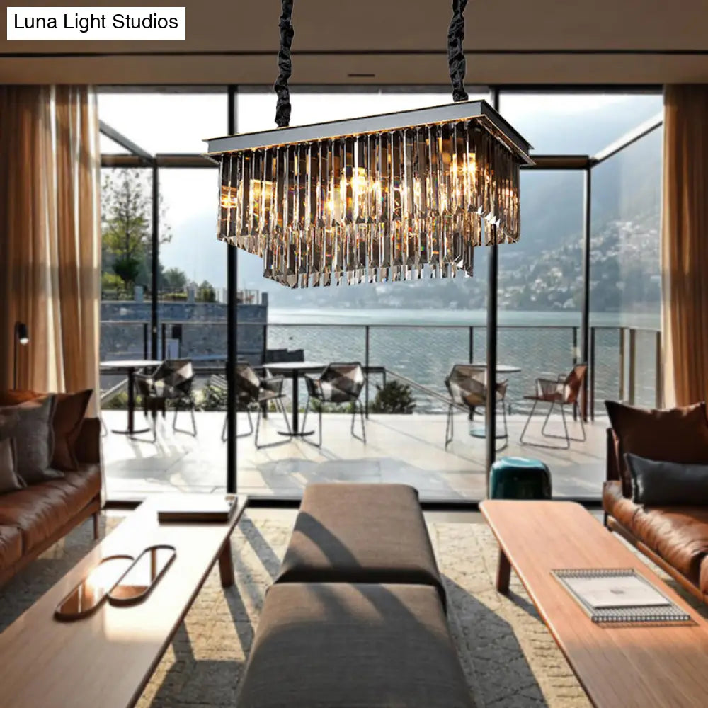 DecorBites™ Smoke Gray Crystal Block Rectangle Chandelier Lamp - Traditional, 8/11 Heads, Matte Black Hanging Light for Dining Room
