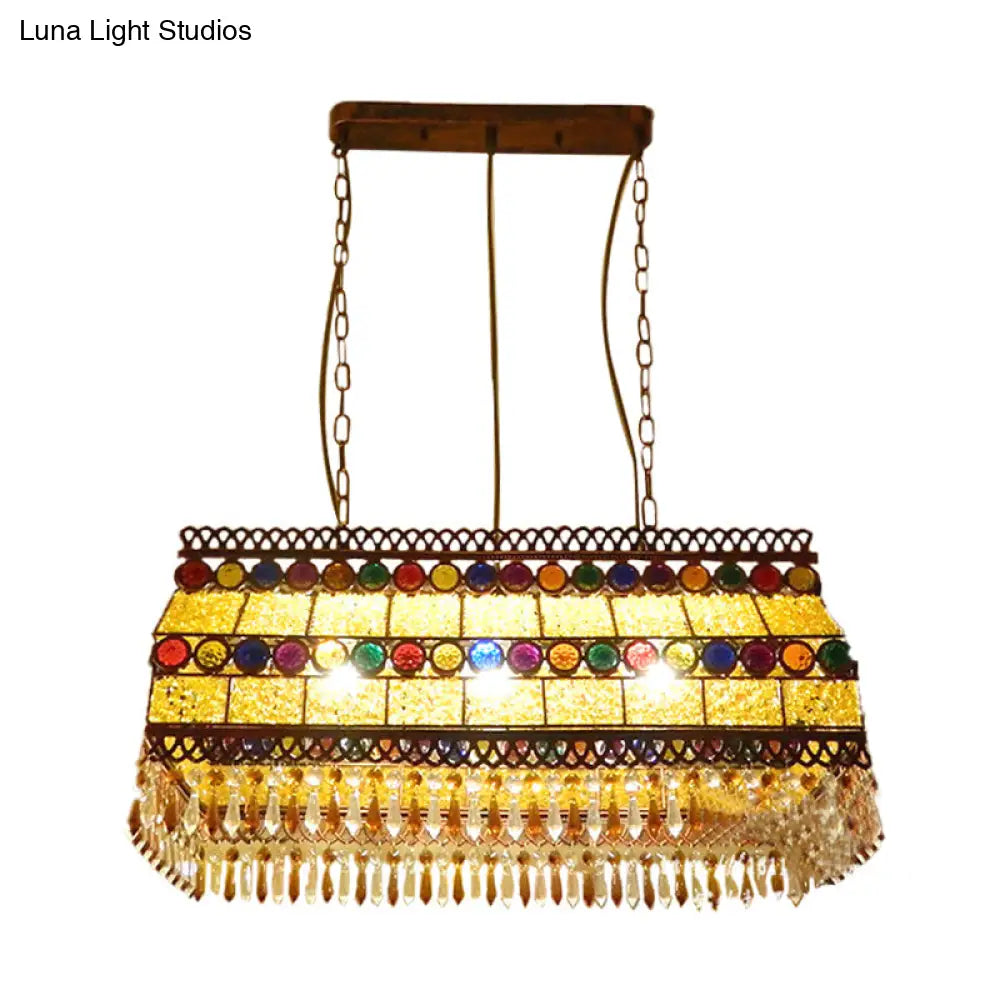 DecorBites™ Southeast Asian Crystal Drop Rectangle Living Room Pendant Light with 3 Yellow Island Heads
