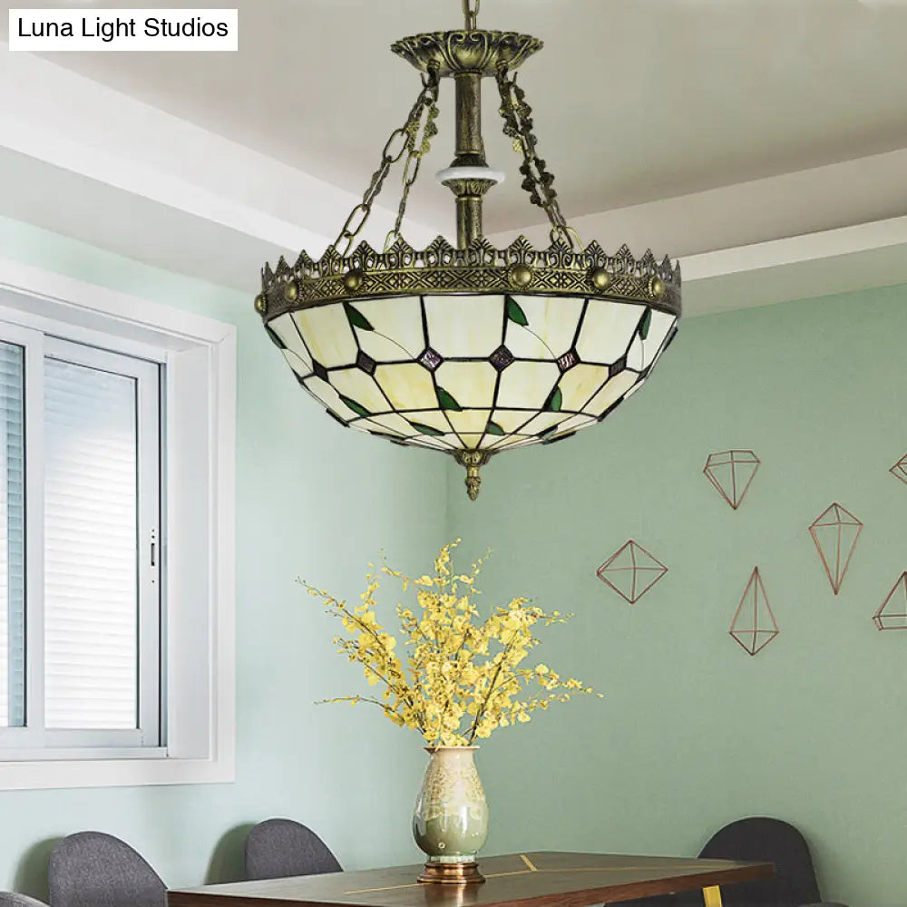 DecorBites™ Stained Glass Bowl Pendant Light - Lodge Leaf Design, 3 Lights - Indoor Kitchen Lighting