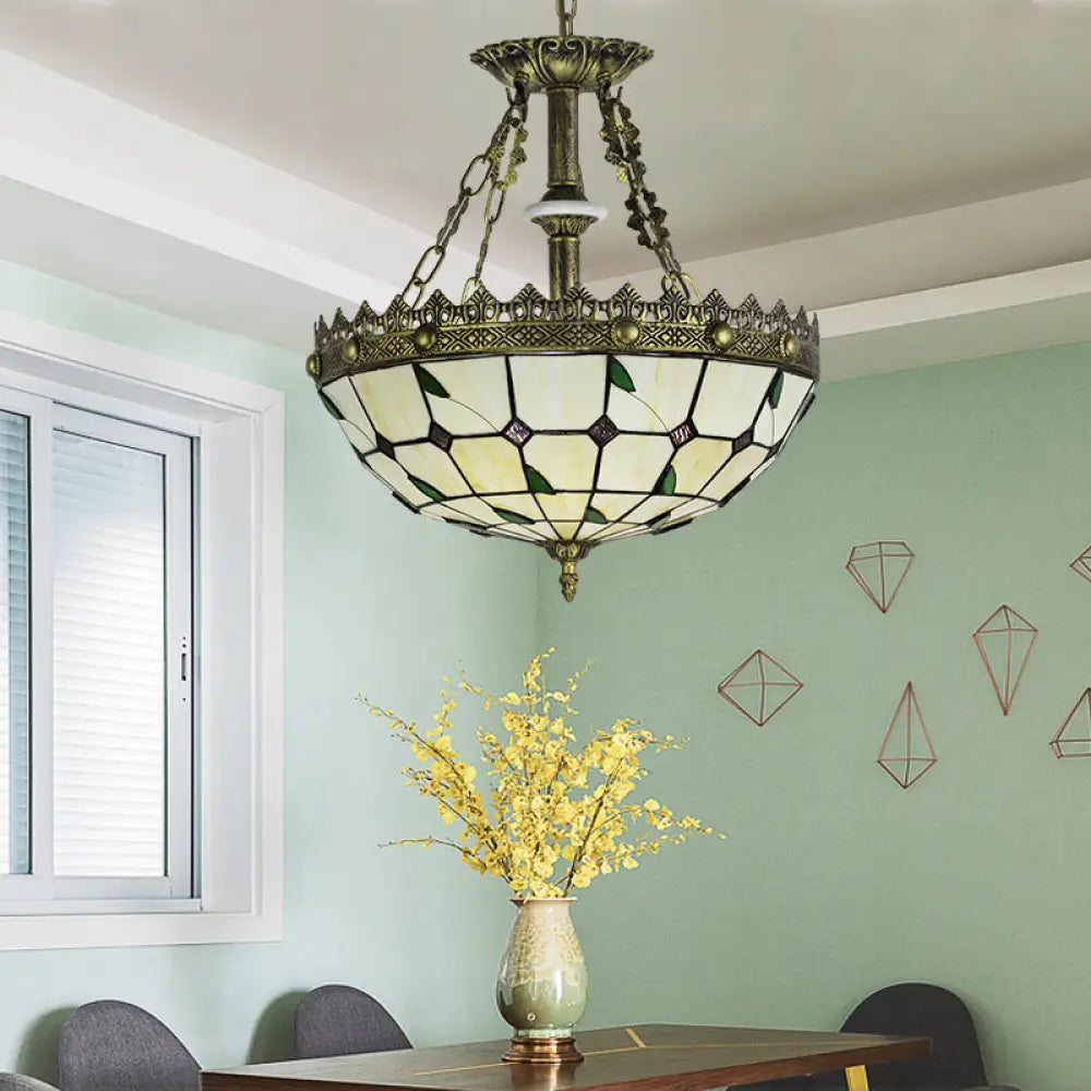 DecorBites™ Stained Glass Bowl Pendant Light - Lodge Leaf Design, 3 Lights - Indoor Kitchen Lighting