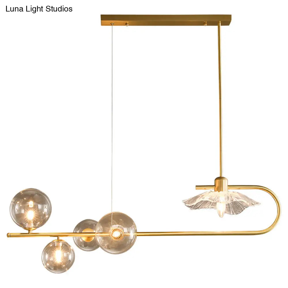 DecorBites™ Stylish Brass Finish Postmodern Suspension Lamp with Glass Shade - Creative Island Light featuring Ball and Lotus Leaf Design