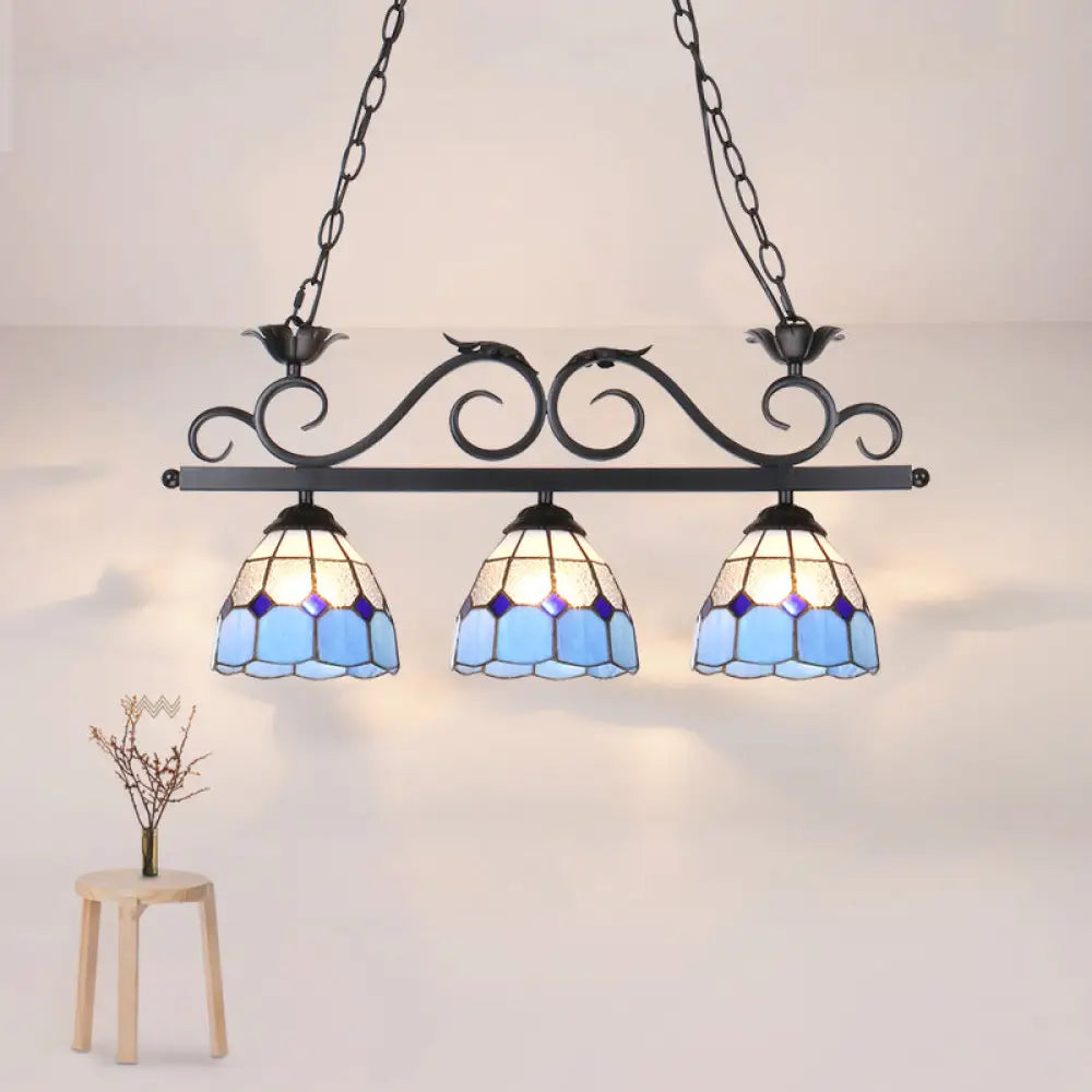 DecorBites™ Stylish Tiffany Pendant Light Fixture - Stainless Glass Blue Island Lighting with Grid Dome Shade, 3 Heads - Curved/Bird Design