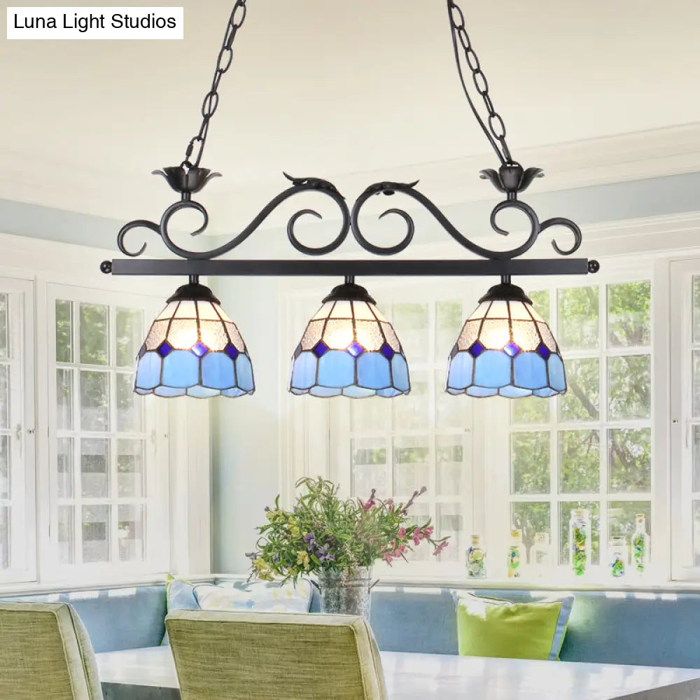 DecorBites™ Stylish Tiffany Pendant Light Fixture - Stainless Glass Blue Island Lighting with Grid Dome Shade, 3 Heads - Curved/Bird Design
