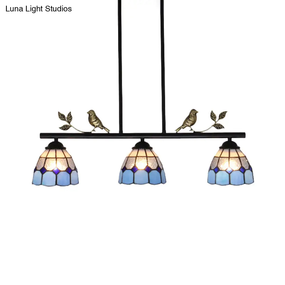 DecorBites™ Stylish Tiffany Pendant Light Fixture - Stainless Glass Blue Island Lighting with Grid Dome Shade, 3 Heads - Curved/Bird Design