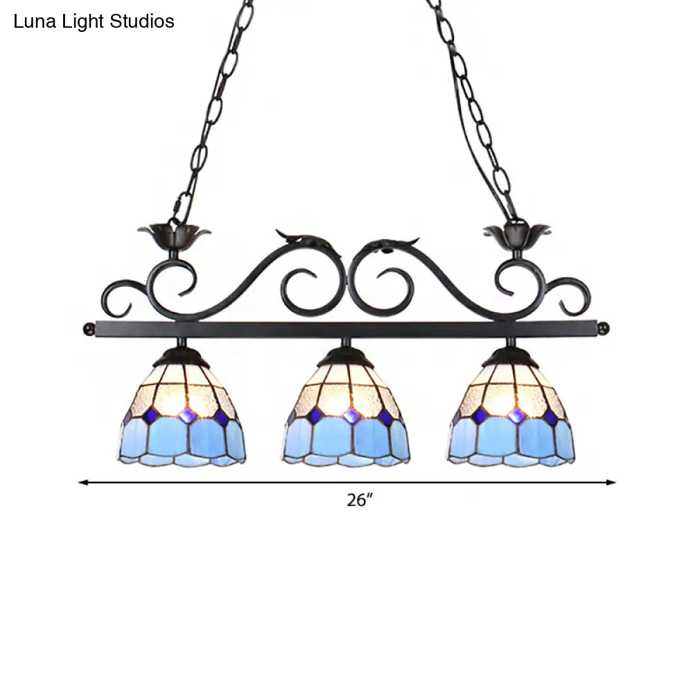 DecorBites™ Stylish Tiffany Pendant Light Fixture - Stainless Glass Blue Island Lighting with Grid Dome Shade, 3 Heads - Curved/Bird Design